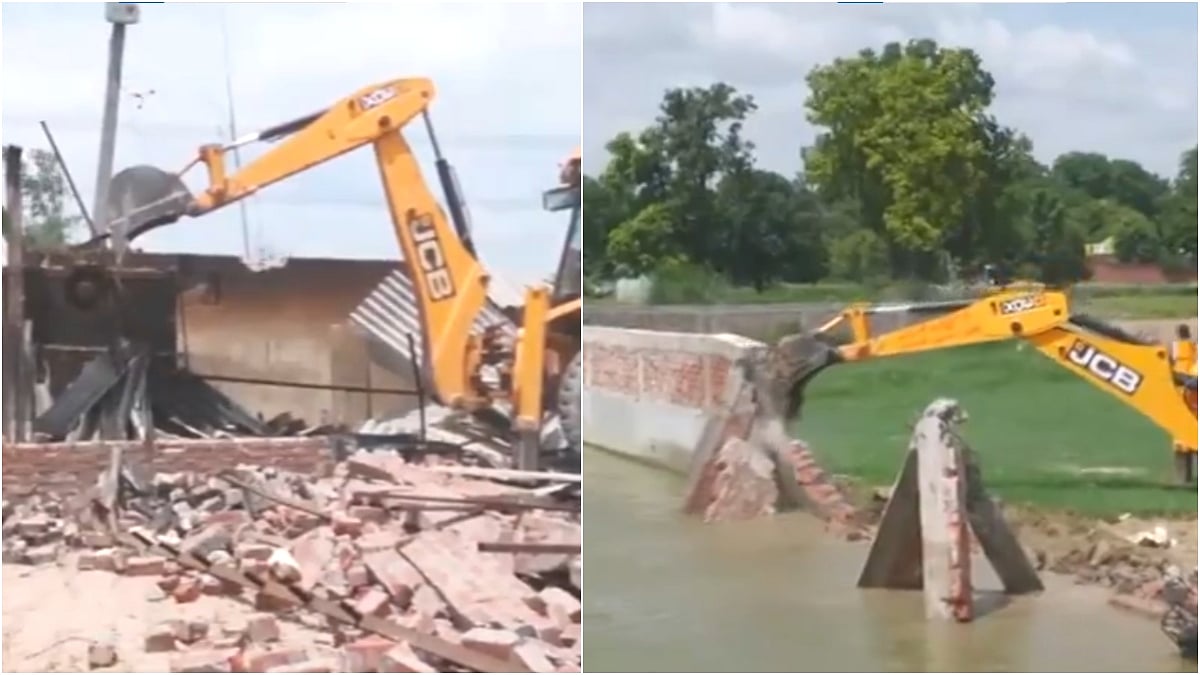 X/@ANI : Visuals from the demolition of the bakery and the illegal boundary on the public pond. | 